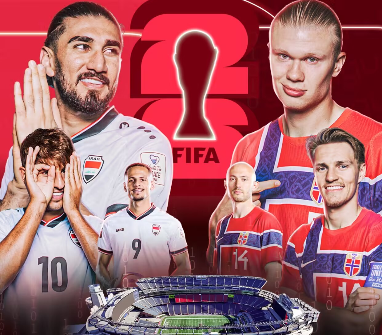 Các cầu thủ Iraq và Na Uy trong hình minh họa trước trận đấu World Cup