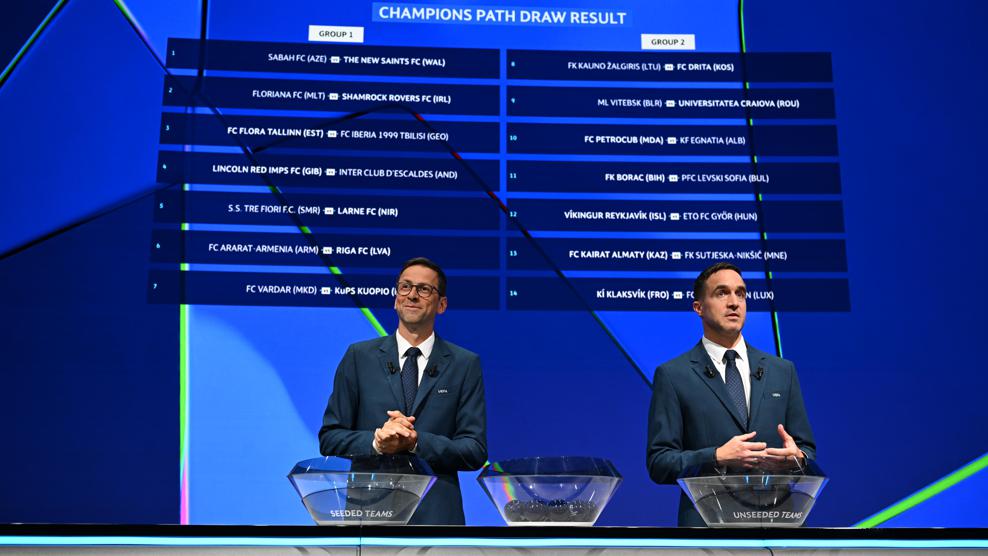 Màn hình bốc thăm vòng loại Champions League 2026 27 tại Nyon