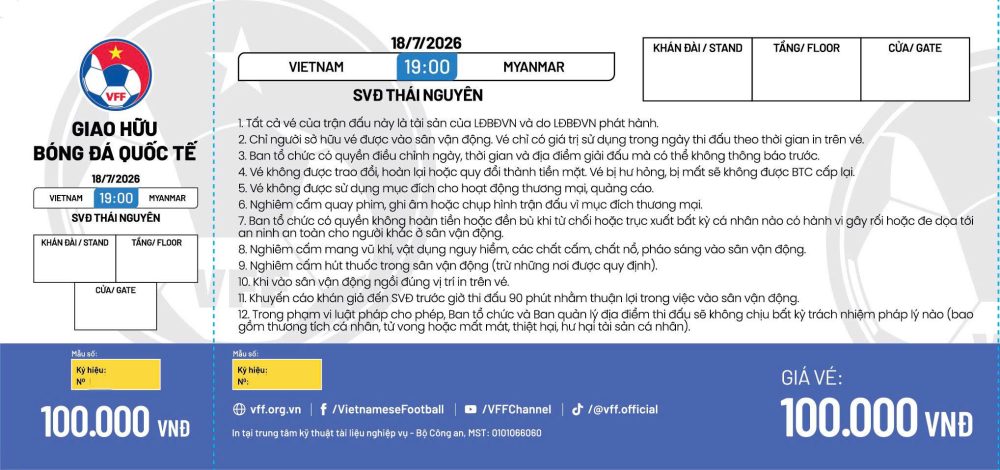 Mẫu vé trận giao hữu Việt Nam và Myanmar ngày 18/7 tại Thái Nguyên
